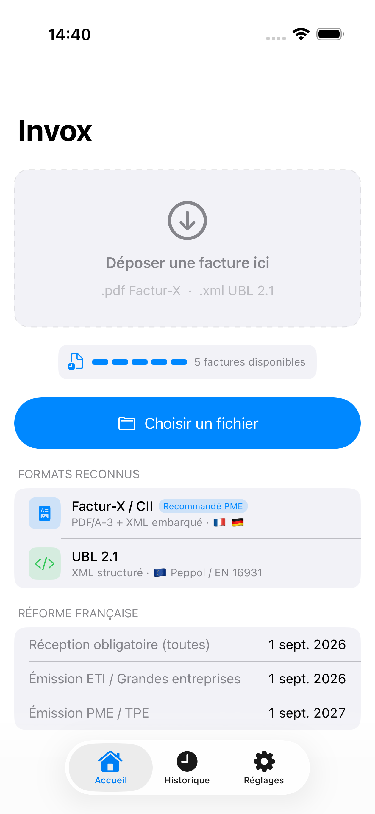 Ecran d'accueil Invox avec formats supportes et conformite