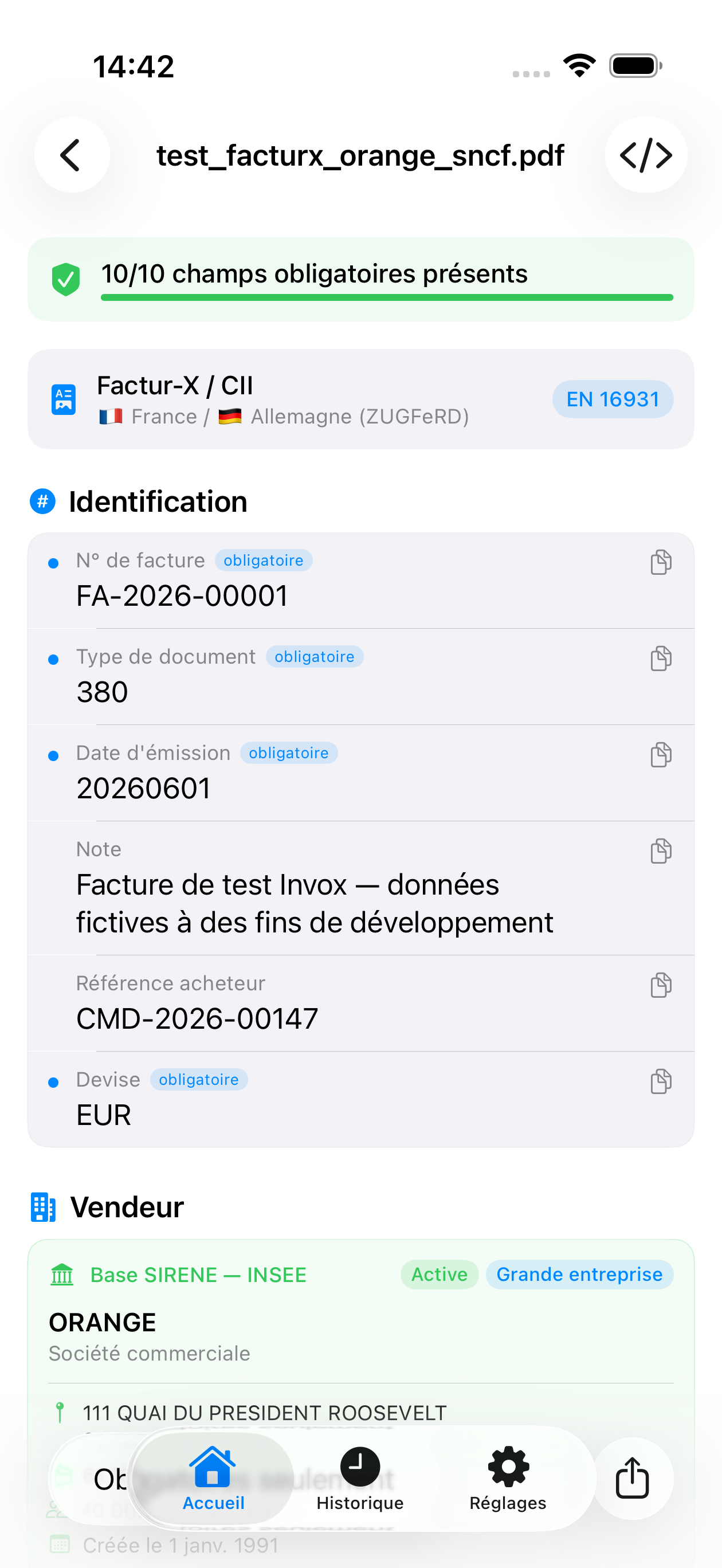 Metadonnees - Detail de facture